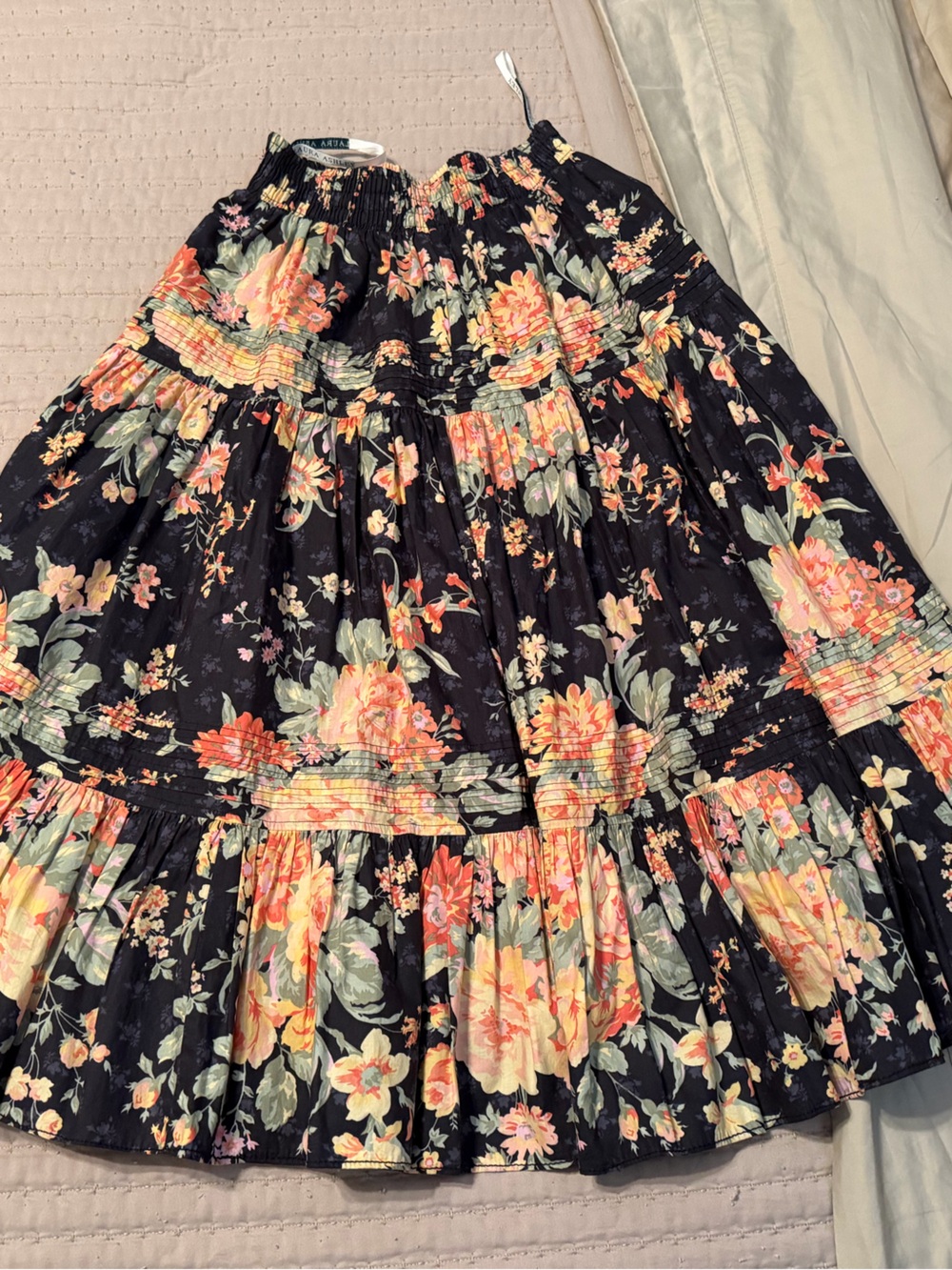 Laura Ashley Black Floral Tiered Skirt with Peach Blooms